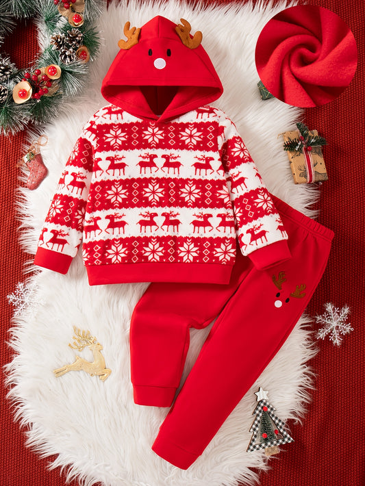 Boys' Casual Christmas Pattern Embroidery Design Regular Fit Hooded Long Sleeve Sweatshirt and Pants Set Fleece Jacket Outfit for Autumn/Winter, Perfect for Outdoor