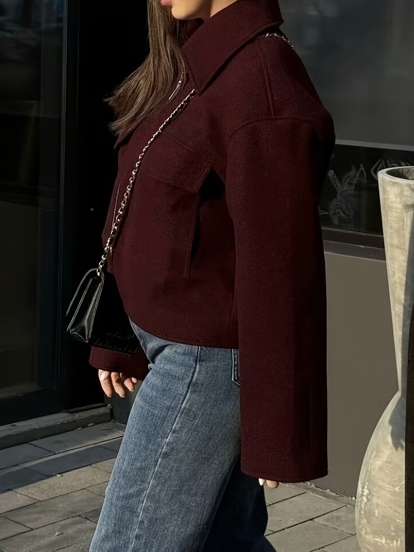 Women'S Elegant Solid Color Zipper Jacket with Large Pockets - Versatile Casual to Commuter Style, Long Sleeve, Maroon, Perfect for Fall/Winter, Casual Outerwear | Chic Zipper Jacket | Stylish Women'S Jacket