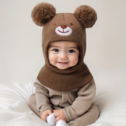 Toddler Bear Knit Balaclava Hat with Pom-Poms for Winter