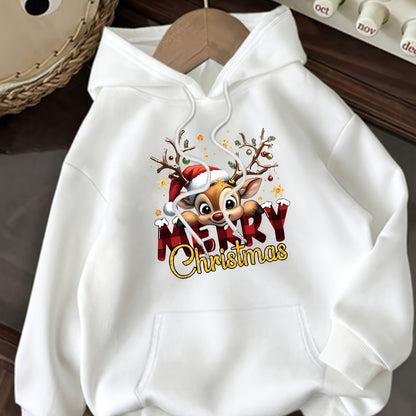 Women's White Christmas & New Year's Letter Print Hooded Sweatshirt - Long Sleeve Casual Pullover with Golden Glitter Lettering, Reindeer & Snowflake Design, Drawstring Hood, All-Season Cozy Sweater for Winter, Fall & Holiday