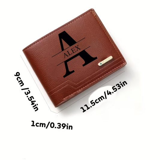 1pc Men's Business Style Faux Leather Wallet, Customizable Text and Initials, Solid Color Faux Leather with Contrast Accents, Compact Short Bifold Design for Easy Carrying - Perfect Birthday Gift for Boyfriend and Father, Per