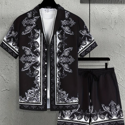 Men'S Suit with a Baroque Print Short-Sleeve Button-Up Shirt And Drawstring Side Pocket Shorts, Two-Piece Loungewear Set.