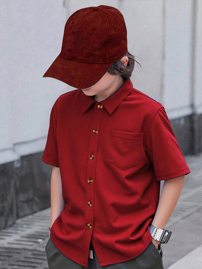 Boys' Casual Monochrome Short-Sleeve Shirt with Chest Pocket