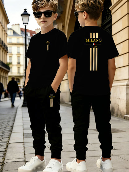 Boys' Casual Short Sleeve & Long Pants Set with Geometric Print