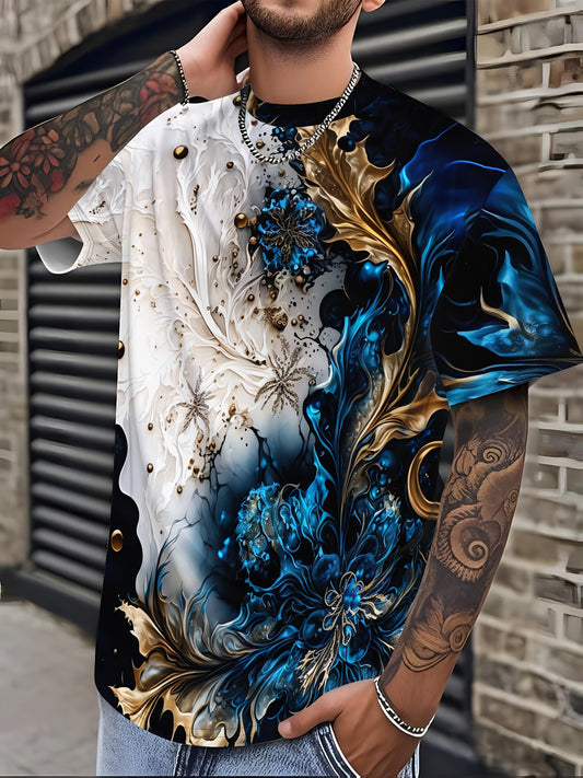 Men's Casual Short Sleeve T-Shirt with Dual-Sided Digital Print - White  Blue/Golden Floral Design, Breathable Round Neck Tee, Machine Washable Regular Fit for Casual Attire, Streetwear Style, Bold Pattern, Lightweight Tee,