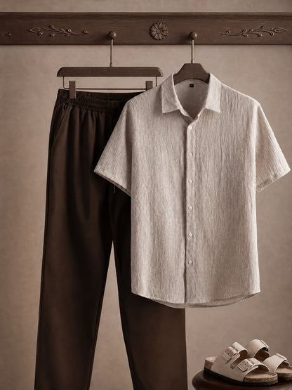Men's Summer Solid Color Breathable Short Sleeve Shirt & Pants Set
