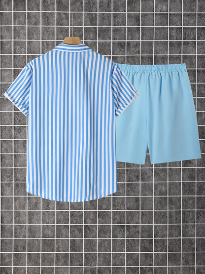 Men's Summer Printed Button-Up Shirt & Shorts Set