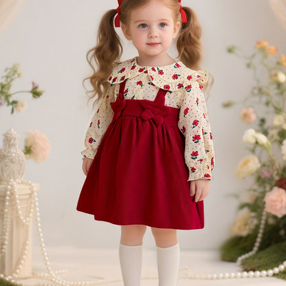 's Red & White Poinsettia & Star Print Dress with Ruffled Collar & Lace Trim - Long Sleeve A-Line Winter Party Dress for Christmas, New Year's, Photo Shoots - Soft Short Dress Outfit (Hand Washable Clothing)