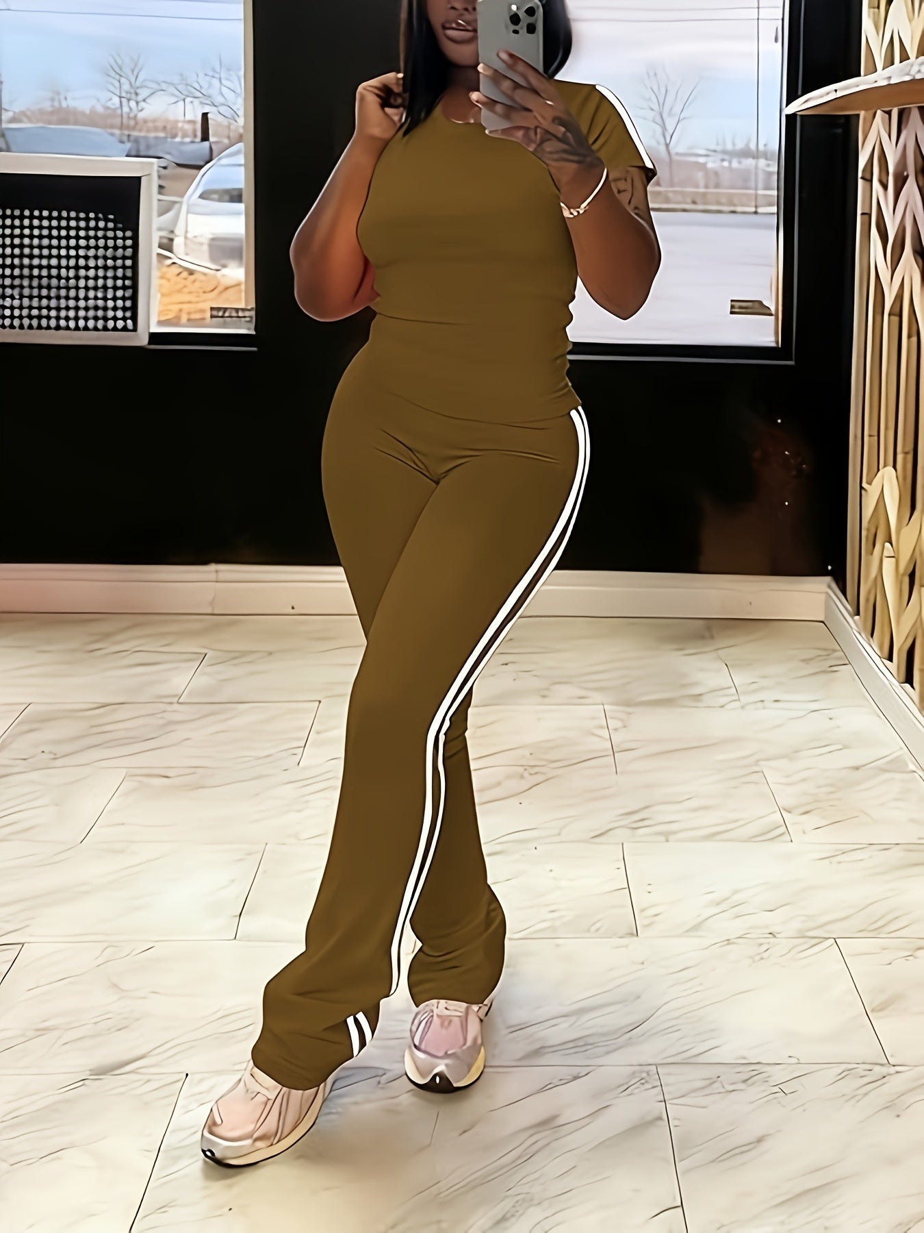 Sla Yue Lingshan Spring/Summer Solid Color Striped 2pcs Set, Women's Short Sleeve Flared Pants Suit, Slim Fit Swear, Casual Loungewear, High-Waist Slightly Flared Long Pants