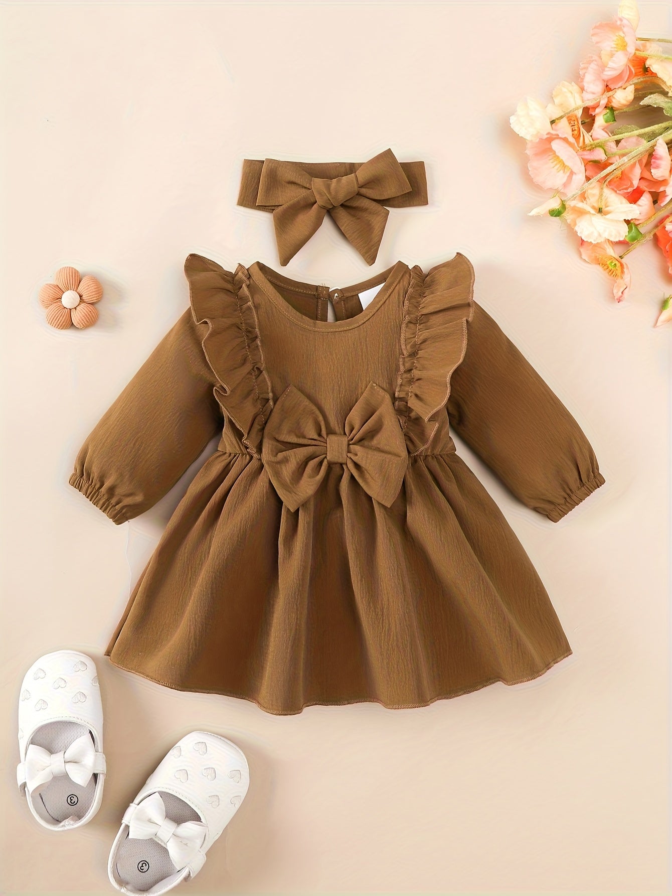 1-18 Months Girls' Red Dress | Christmas New Year Festival Party Wear with Headband, Princess Style, Autumn-Winter Collection, Crew Neck, Long Sleeve, Knee High, Flared Hem