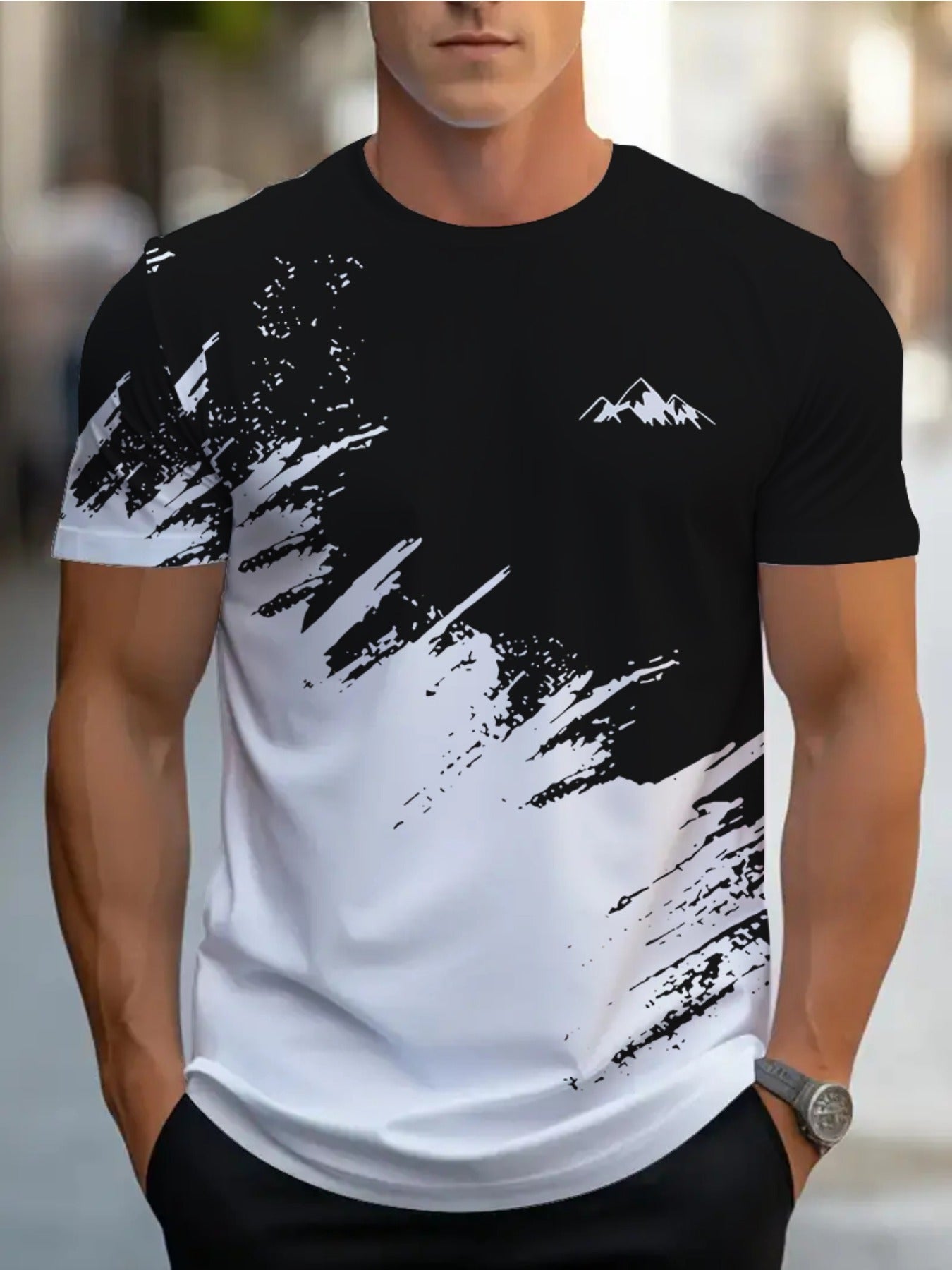 Men's Short-Sleeve T-Shirt with Bold Black  White Mountain Graphic Print - Breathable Summer Casual Tee, Regular Fit Round Neck, Hand Wash Only, Leisure Clothing, Modern Tee, Nontransparent Fabric, Daily Outfit, Creative Pat