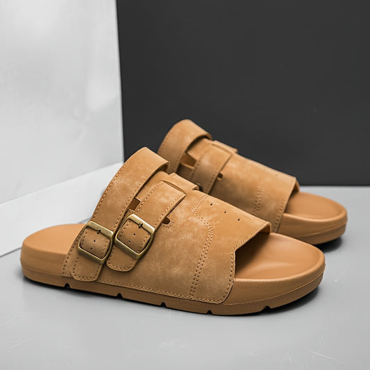Men's Casual Slip-On Slippers with Adjustable Buckle, Cushioned Sole - ayq