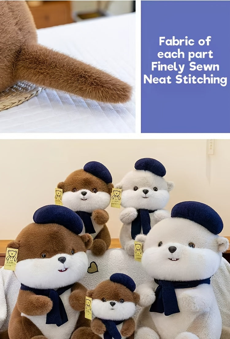 Cute Beret Beaver Plush Toy | Soft Stuffed Animal Doll with Scarf, Adorable Beaver Plushie Birthday Gift for Girls and Children, Polyester Fiber, and Dark Brown