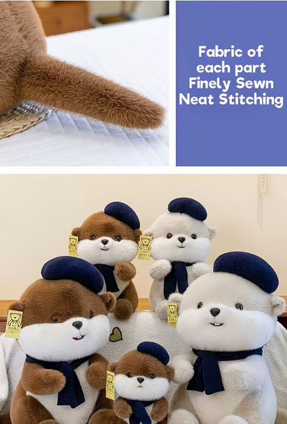 Cute Beret Beaver Plush Toy | Soft Stuffed Animal Doll with Scarf, Adorable Beaver Plushie Birthday Gift for Girls and Children, Polyester Fiber, and Dark Brown