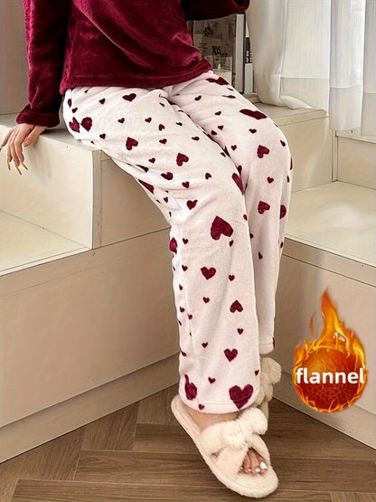 Women's Soft Flannel Pajama Pants with Heart Pattern & Elastic Waist - Cozy Winter Sleepwear, Machine Washable Lounge Pants for all-Season Comfortable Nightgowns for s