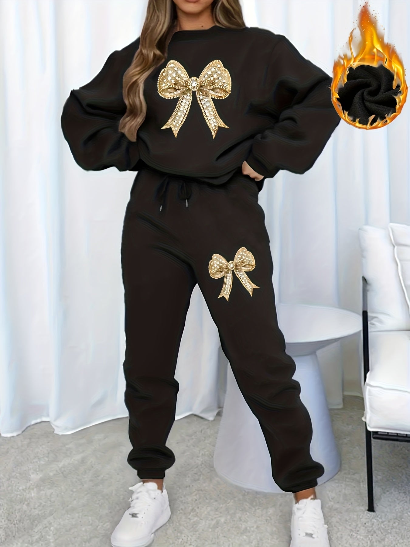 Women'S Sparkling Bow Print Sweatshirt and Pants Set - Casual Long Sleeve Pullover with Glittery Bow Design, Black and Gray, Perfect for Casual Attire, Casual Wear|Sparkling Bow Design|Stretchy Fabric