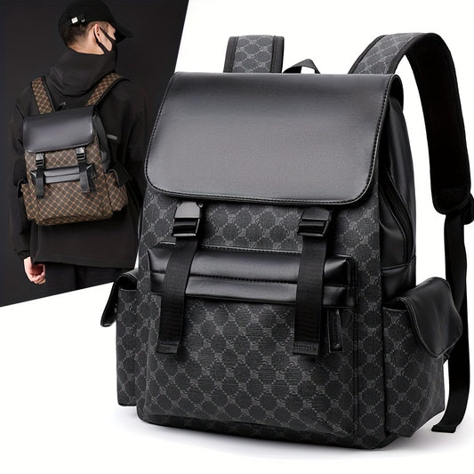 Men'S Stylish Black  Brown Gingham Print Backpack - Versatile Commuter Bag with Multiple Pockets, Adjustable Straps, and Golden-Tone Hardware for Work, Travel, and Study, Travel Backpack   Gingham Pattern   Synthetic Backpac