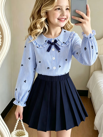 Girls' Preppy Butterfly Print Cardigan & Pleated Skirt Set