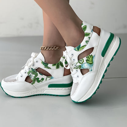 Women's New Fashion Leaf Floral Versatile Casual Lightweight Breathable Mesh Outdoor Sports Sandals with Thick Soft Sole for Height Boost