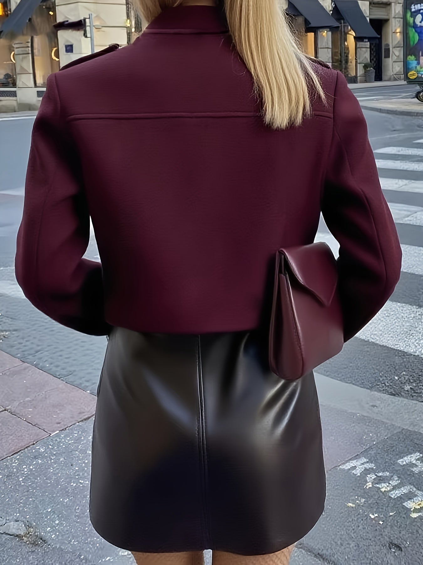 Women'S Burgundy Round-Neck Long-Sleeve Jacket with Pockets And Button Closure for Autumn And Winter, Stylish And Casual.
