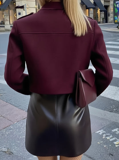 Women'S Burgundy Round-Neck Long-Sleeve Jacket with Pockets And Button Closure for Autumn And Winter, Stylish And Casual.