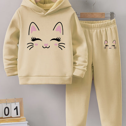 Autumn/Winter Smile Face Kitten Graphic Print Warm Fleece Hooded Sweatshirt And Sports Trousers for Girls, for Outdoor