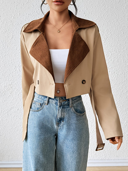 Women'S Casual Double-Breasted Trench Coat - Loose Fit, Long Sleeve, Beige & Brown Patchwork Design, Button-Up Front, Lightweight Fabric for Spring/Fall, Spring Outerwear | Relaxed Fit Coat | Structured Design