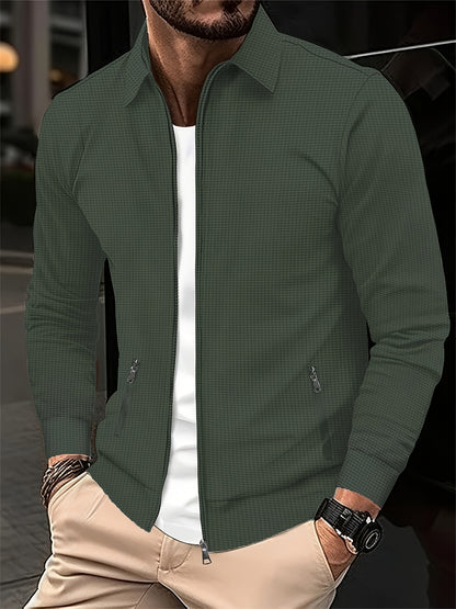 Men'S Lightweight Waffle Knit Long Sleeve Zip-Up Jacket - Breathable Golf & Running Top with Pockets, Casual Sporty Design for Outdoor Activities, Spring/Fall, Golf Jacket, Active Lifestyle Apparel, Classic Collar Style, Dura