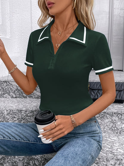Women's Elegant Black Shirt with White Collar & Cuff Detail - Short Sleeve, Zippered, Stretchy Polyester-Spandex Blend, Machine Washable, Perfect for Casual or Professional Outfits