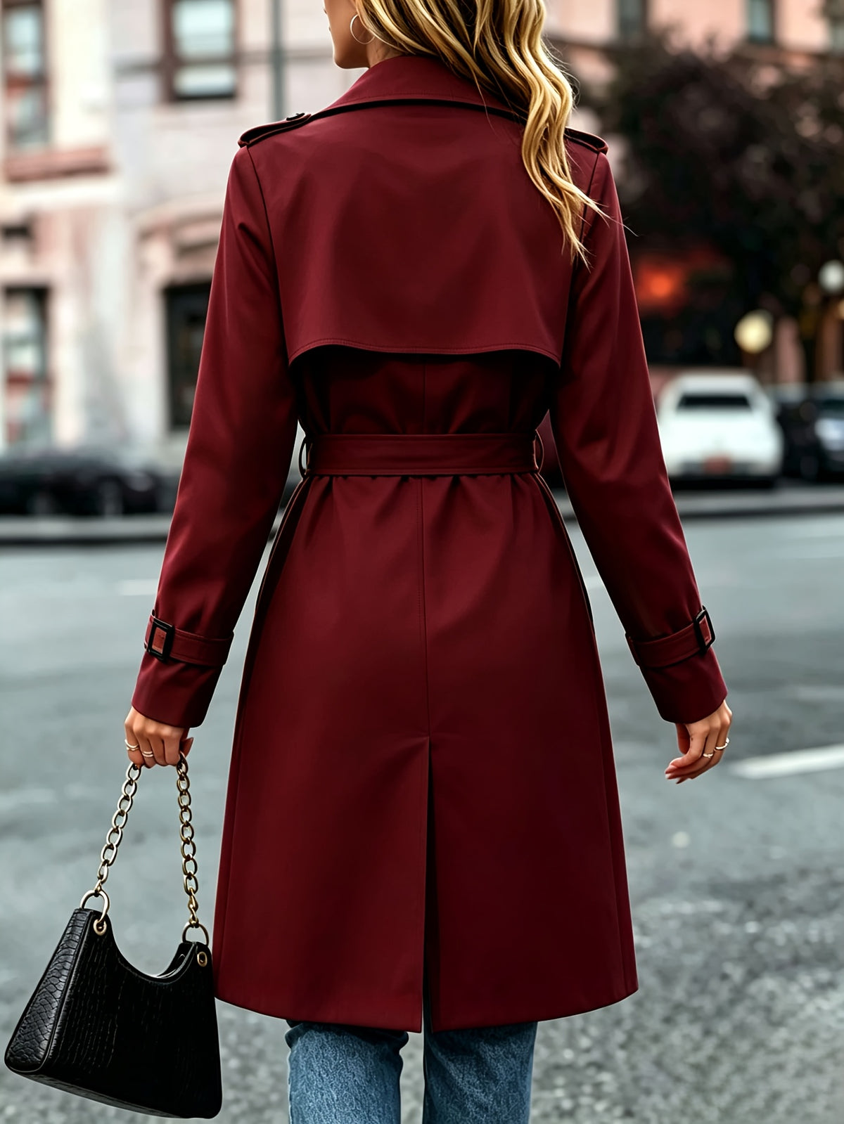 Elegant Solid-Color Double-Breasted Trench Coat with Belt