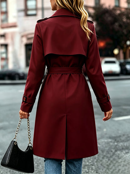 Elegant Solid-Color Double-Breasted Trench Coat with Belt