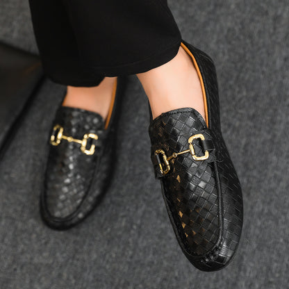 Men's Slip-On Loafers - Black  Tan Casual Shoes with Golden-Tone Metal Accents, Round Toe Comfort, All-Season Versatile for Office  Social Events, Casual Attire, Elegant Style, Premium Material, Modern Gentlemen