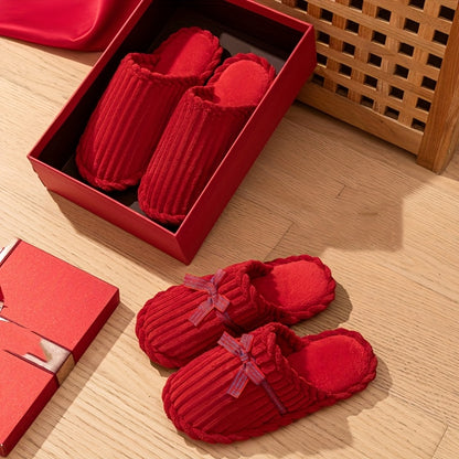 Jialiya Red Festive Simple Slippers - Warm, Versatile Winter Footwear for Women, Perfect for Outdoor Walks and Indoor Home Use, Minimalist and Stylish Design with a touch of Elegance.