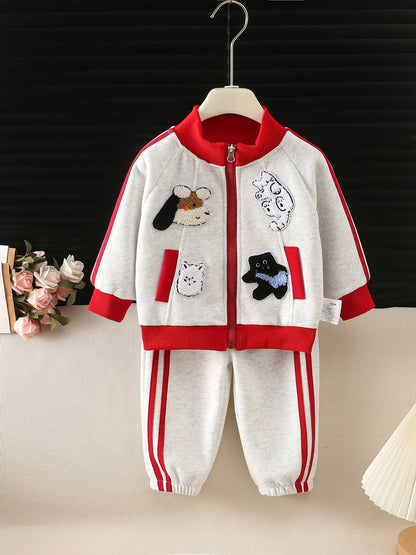 Girls' Spring Jacket and Jogger Set with 3D Cartoon Animals