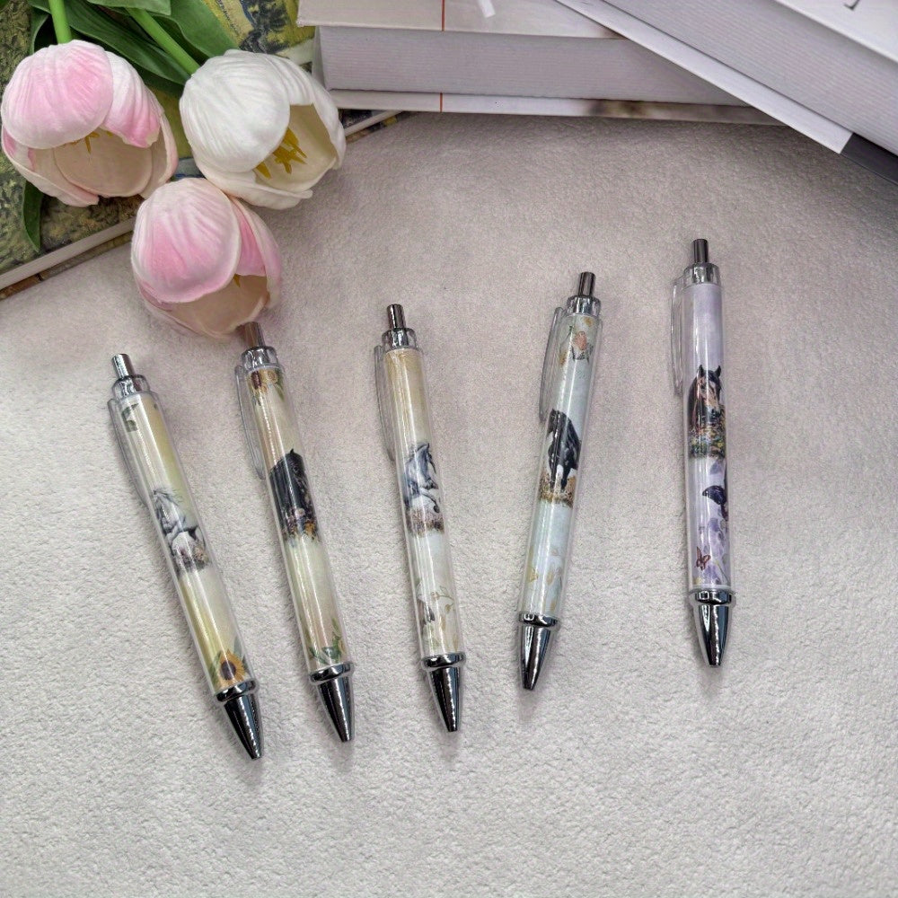 5pcs Creative Horse Head Theme Ballpoint Pens with Black Ink, Plastic Body, Smooth Writing, Suitable for Office and Gifts, Stationery Supplies