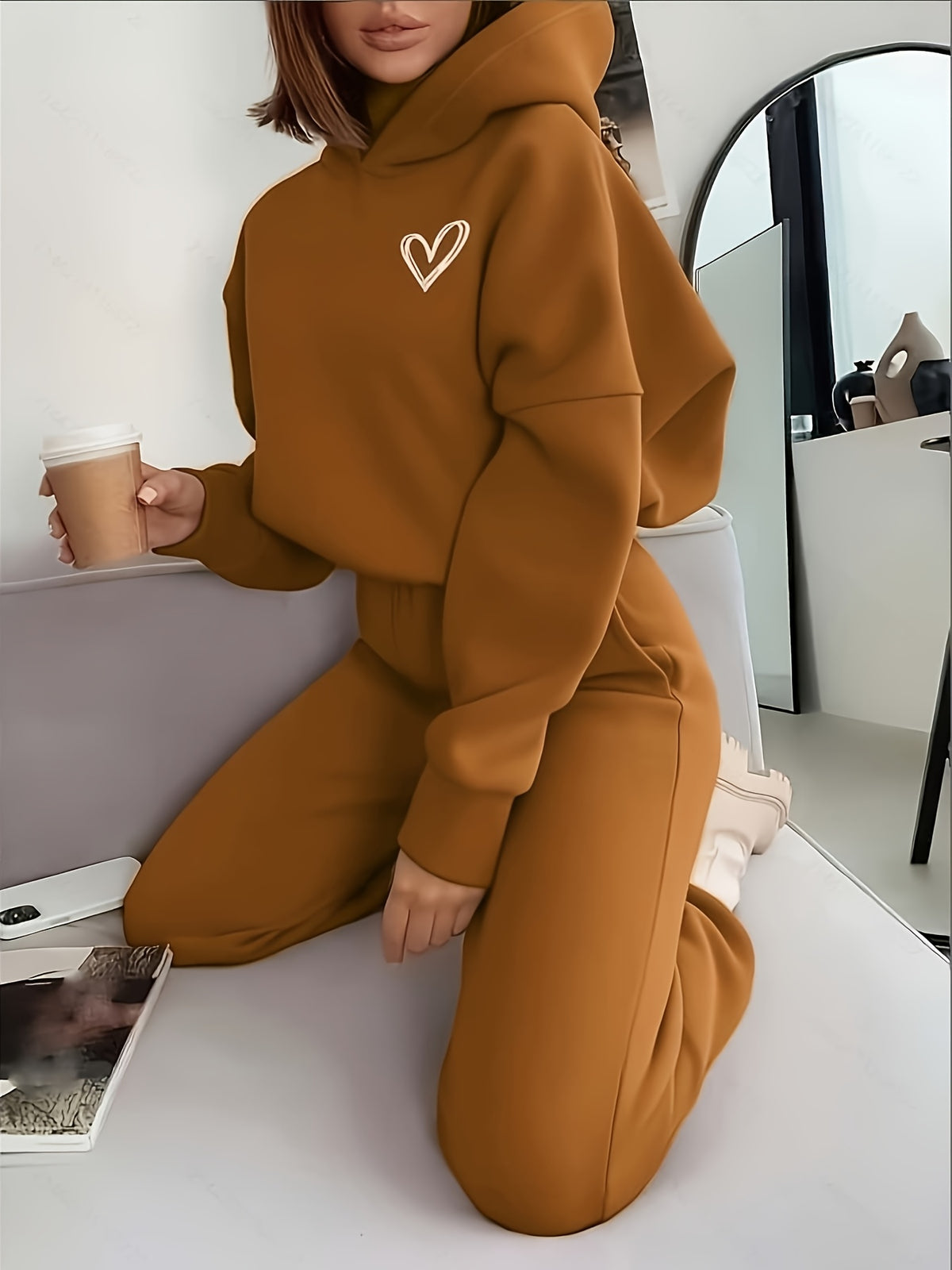 Women's Casual Hooded Sweatshirt & Pants Set with Heart Print - ayq