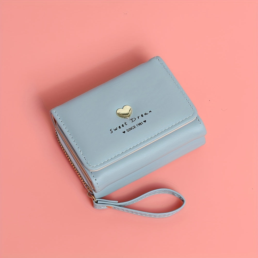 New Women'S Short Wallet, Cute Korean-Style Heart-Shaped, Large Capacity with Multiple Card Slots, Trendy Tri-Fold Design.