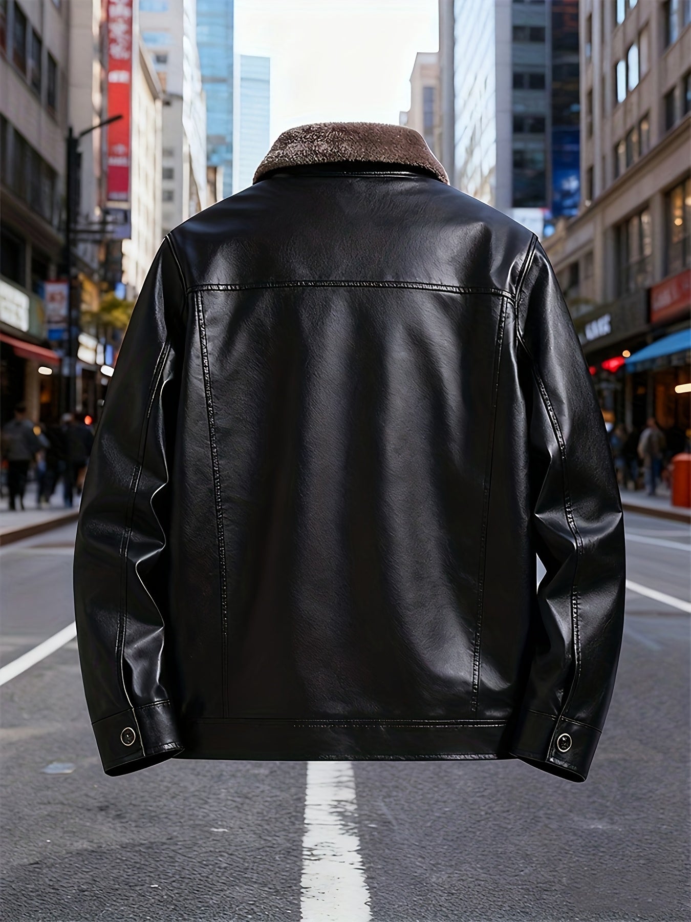 Men'S Faux Leather Jacket with Fleece Lining, a Warm Winter Coat Featuring a Stand Collar And Zip Closure, Stylish Casual Menswear, Available in Black/Brown Fashionable Motorcycle Jacket, Windproof And Warm, Perfect for Cold