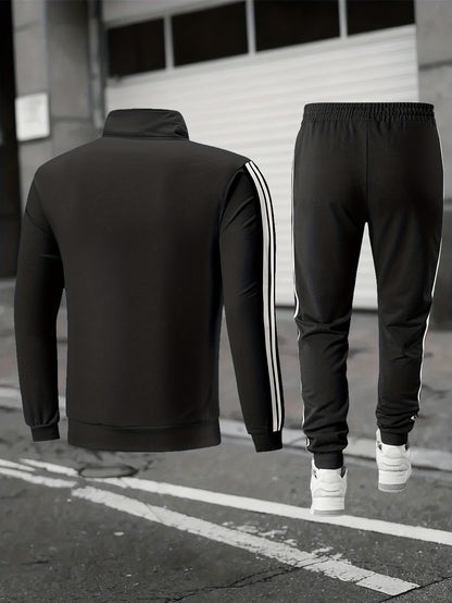 Casual Print Full-Zip Men'S Sportswear Set, Suitable for Gym Workouts And Running, Includes a Long-Sleeve Stand-Up Collar Jacket And Elastic Waist Joggers in a 2pcs Set