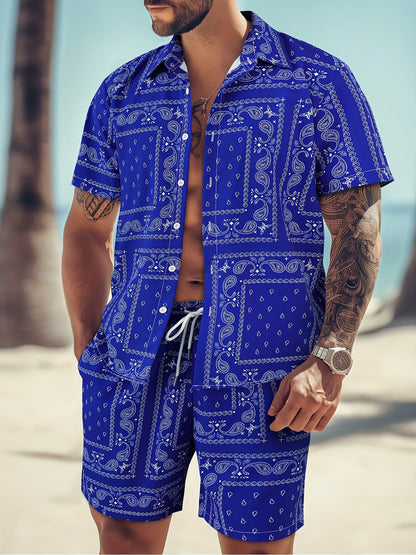 Men's Paisley Print Short Sleeve Shorts Single Button Shirt Suit with Elastic Cord and Pockets