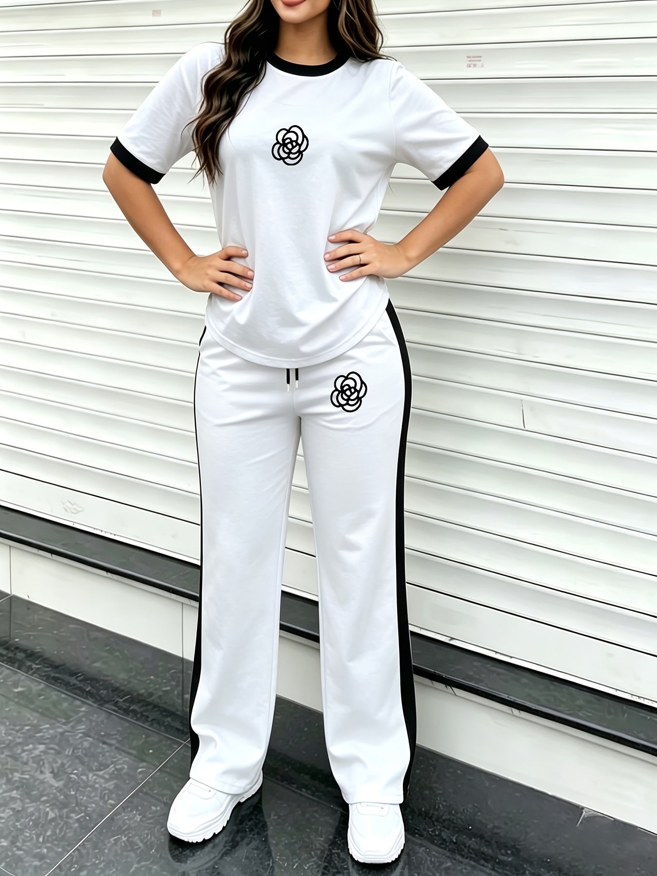 Women's Casual Color-Block Print Short Sleeve Top & Pants Set