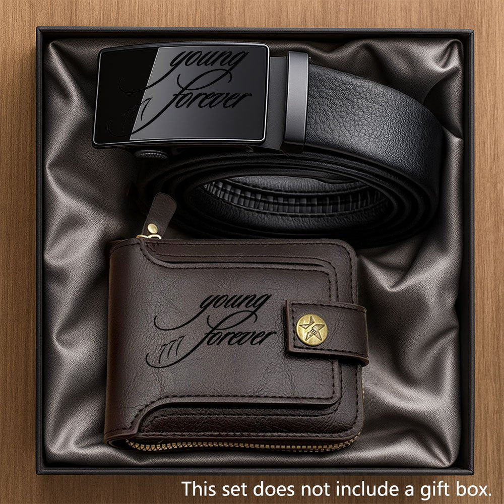 2pcs Men's Belt and Coin Purse Set, Young Forever Series with Exquisite Print Design, Premium Business Combo, Unisex Fashion Accessories for Daily Use, Perfect Gift for Dad