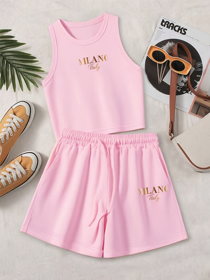 Casual Women’s Two-Piece Suit with Graphic Print Vest & Shorts