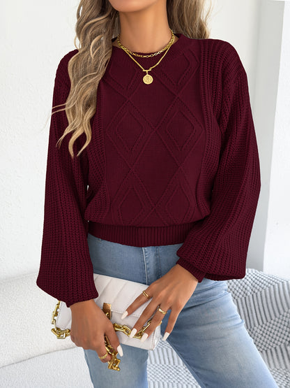 Women's Fall/Winter Crew Neck Diamond Knit Sweater with Lantern Sleeve