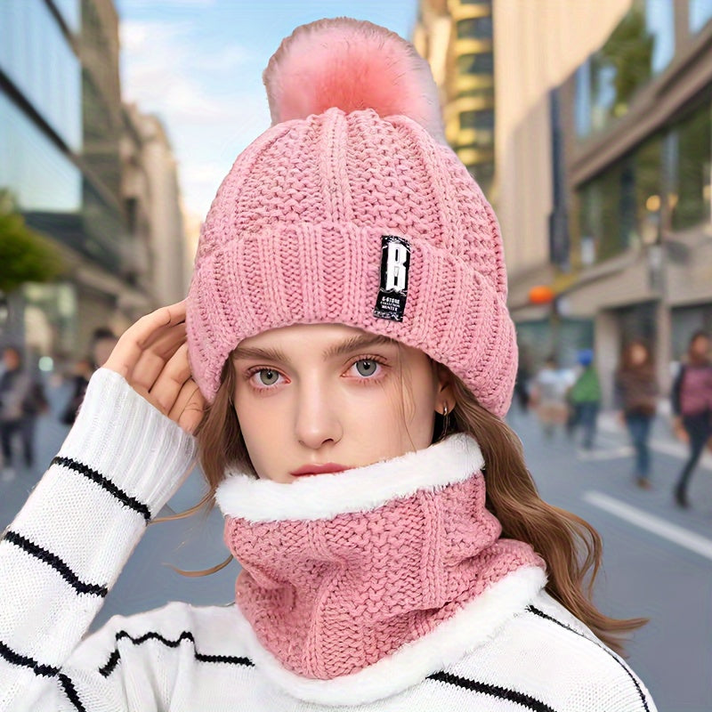 New Year's Acrylic Knit Beanie with Pom-Pom and Matching Scarf Set - Breathable, Elastic, Thermal Knitted Cap and Neck Warmer for Women with Toggle Closure - Hand Washable