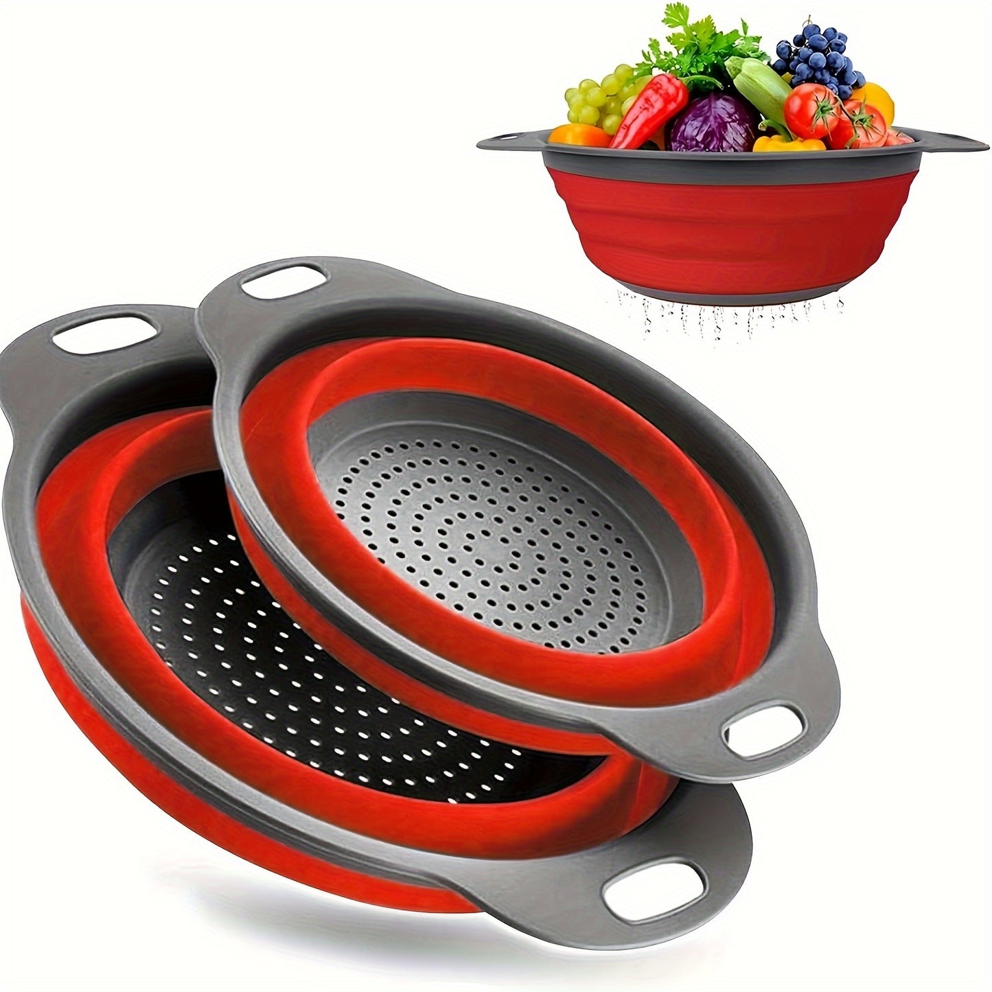 1/2 Set Round Silicone Kitchen Drain Basket Set Collapsible Funnel - 1 Large, 1 Small, Very Suitable for Draining Pasta, Vegetables and Fruits