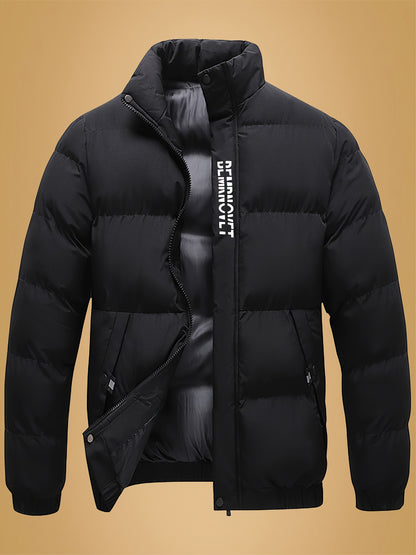 Men's Heavy-Duty Thermal Jacket - Winter Outerwear with Stand Collar & Full-Length Zipper Closure, Black/White Coat with Lettering - Machine Washable Cold Weather Jacket for Men (Casual & Formal) - Ideal for Skiing, Snowboard