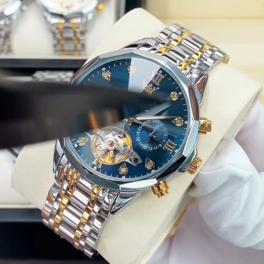 OLEVS Men's Automatic Skeleton Luxury Diamond Watch Stainless Steel
