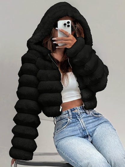 Women'S Elegant Black Faux Fur Hooded Jacket - Short Length Winter Coat with Zipper Closure, Long Sleeves, Solid Color, Casual Style for Fall/Winter, Winter Outerwear | Elegant Hooded Jacket | Zipper Closure Jacket