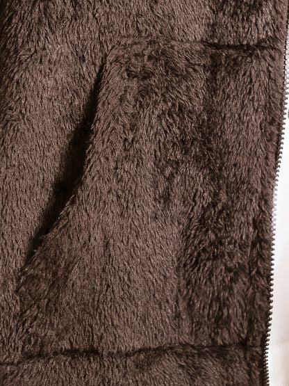 Casual Style] Men's "RELAX" Fleece Hoodie Jacket - Casual Dual-Sided Brown Teddy Coat with Zipper Closure, Long Sleeves for Fall/Winter, Casual Outerwear|Stylish Casualwear|Crafted Embroidery